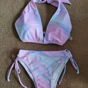 SHEIN Pastel Pink Purple Blue Tie Halter Bikini
